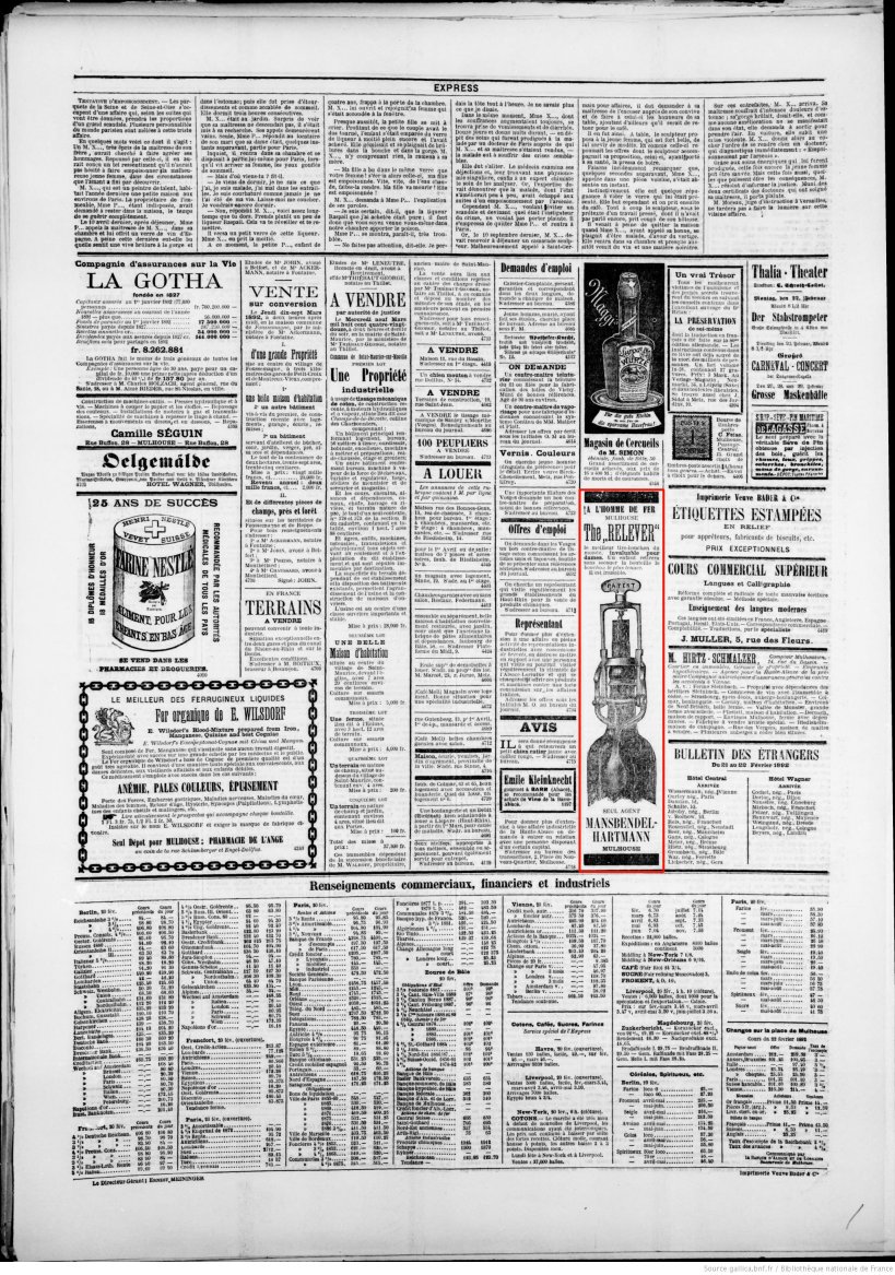 Journal L'Express de Mulhouse du 21 février 1892 (p.4) : tire-bouchon 'The Relever'.
